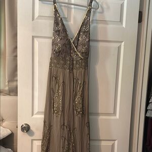 Elegant Beaded Dress in Taupe and Gold